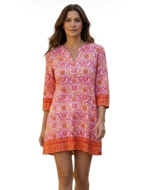 Coolibar Tunic Dress Oceanside Floral UPF 50+ Orange Red Size Small Resort